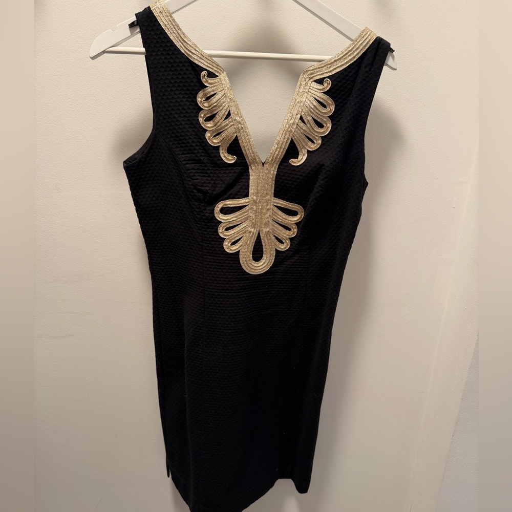 Lilly Pulitzer Black and Gold V Neck Front Scoopneck Back Cocktail Dress